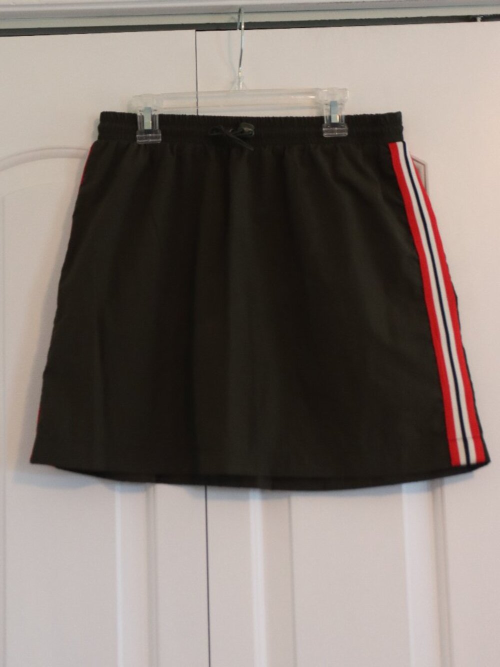 Wild Fable Olive Green Mini Skirt 100% Nylon Red/White/Black Side Stripes Small